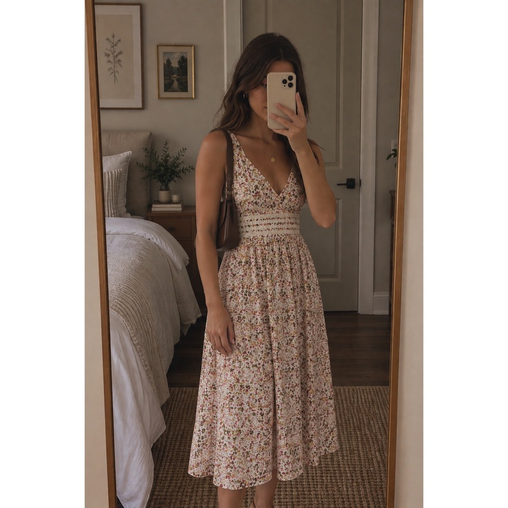 Sundance Catalog Floral Sundress V-Neck Midi 4 Crochet Lace Boho Cottagecore